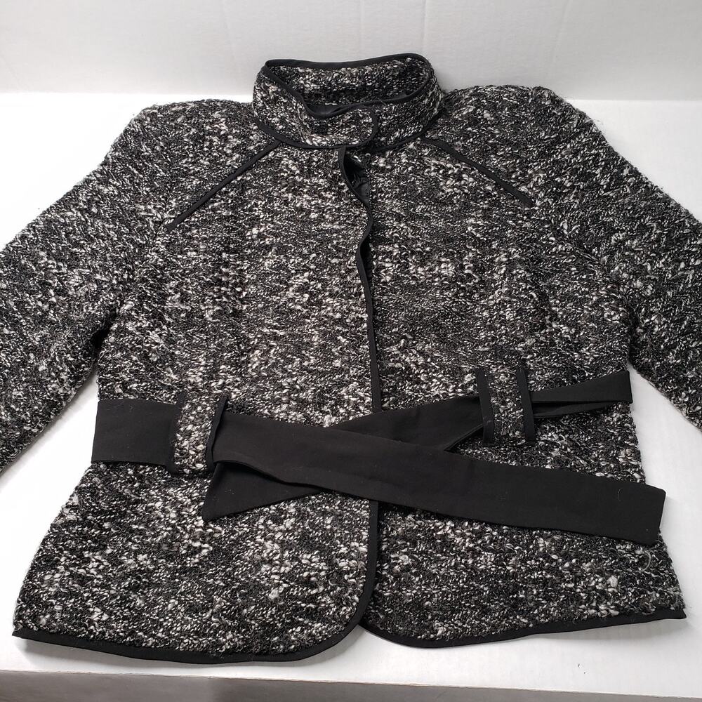 Sandro Sportswear Tweed Belted Boucle Jacket Womens XL Petite Black White Blazer - Picture 14 of 16